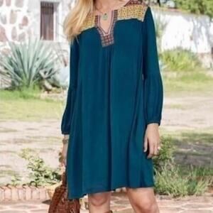 Sundance Suelta Mini Dress Women's Size L Embroidered Boho Teal Bohemian Lined